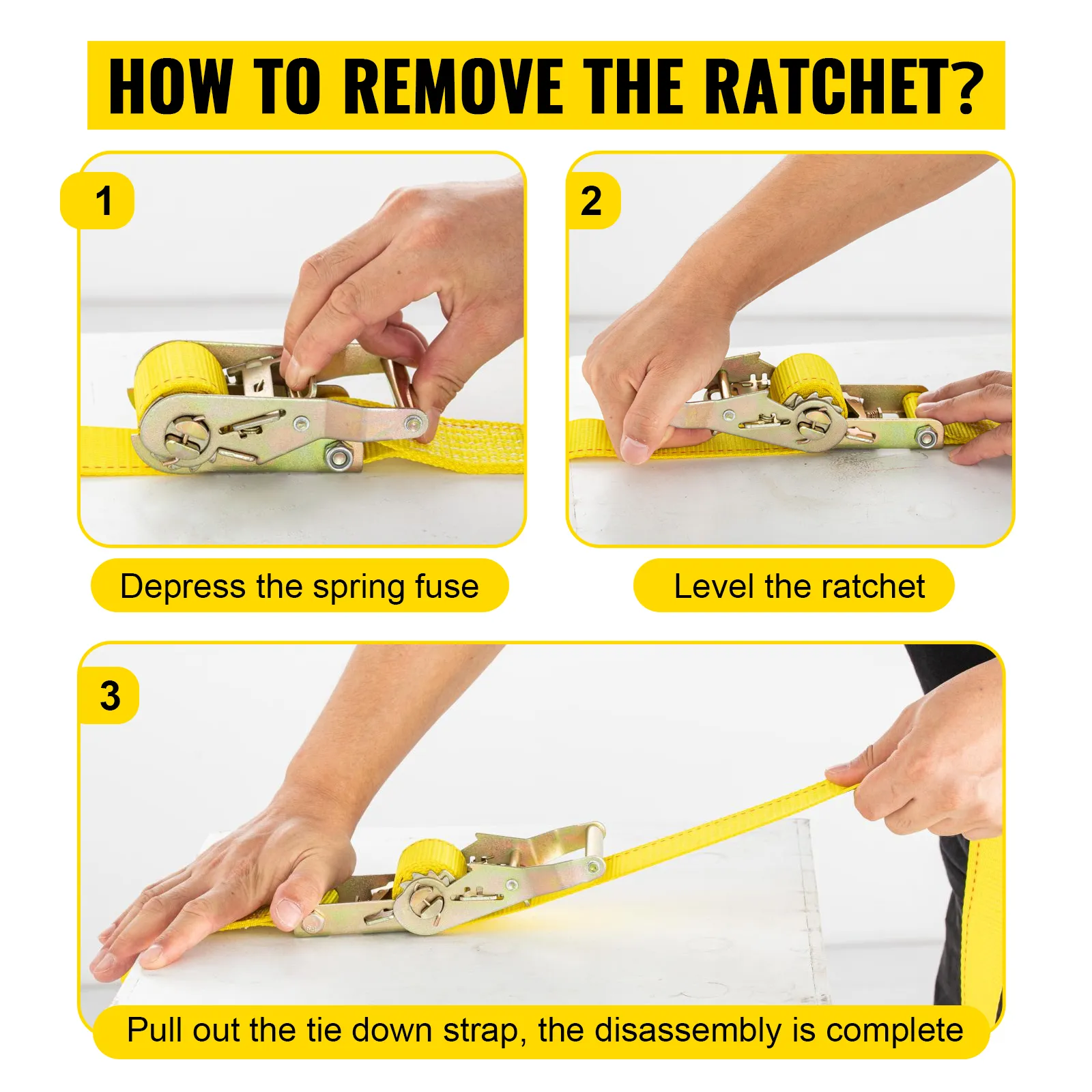 how to remove the VEVOR e track ratchet strap: step-by-step guide with hands demonstrating.