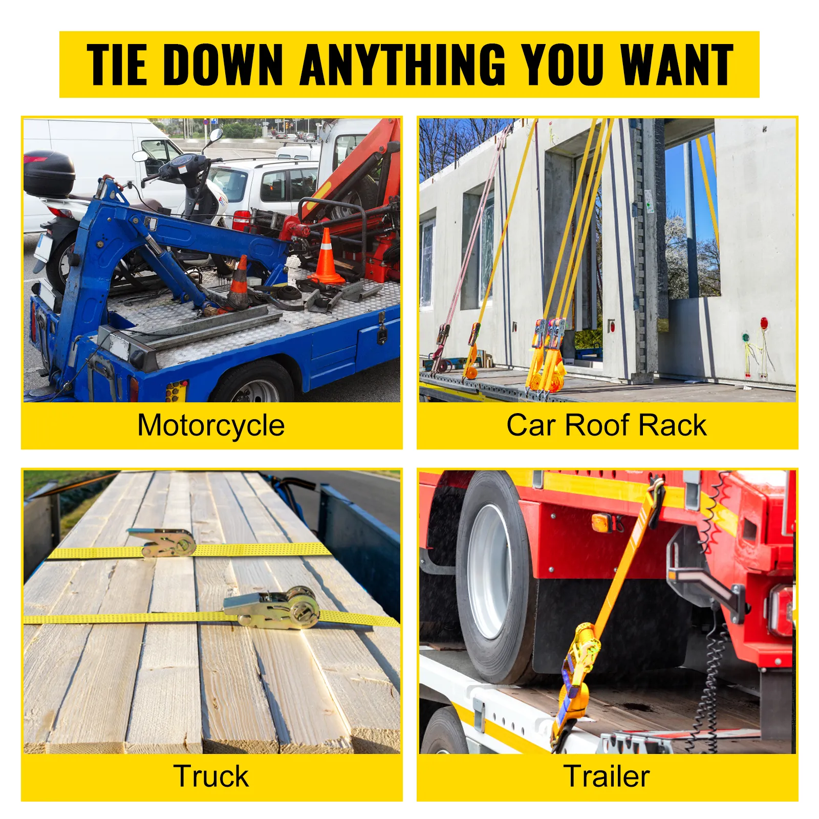 VEVOR e track ratchet strap securing a motorcycle, car roof rack, truck cargo, and trailer load.
