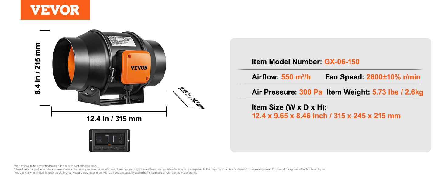 VEVOR inline duct fan model gx-06-150 with 400 cfm airflow and 2600 rpm fan speed.