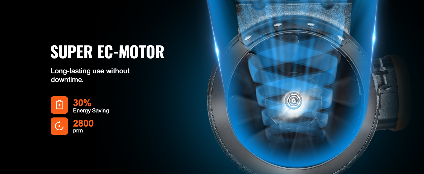 VEVOR inline duct fan with super ec-motor, 30% energy saving, and 2800 rpm for long-lasting use.
