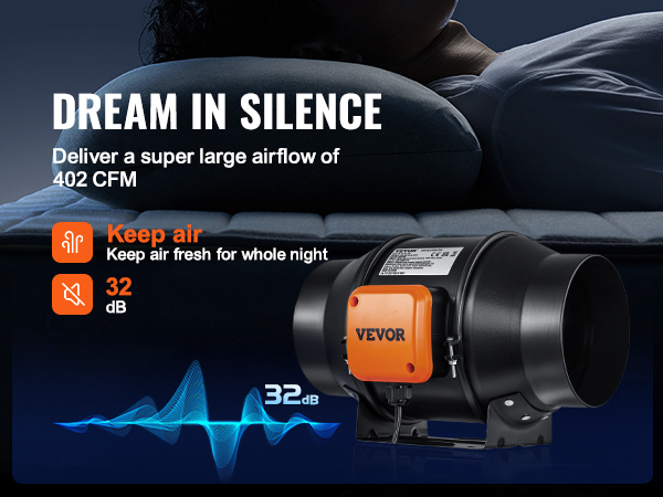 VEVOR inline duct fan with 402 cfm airflow, 32 db noise level. keep air fresh as you sleep soundly.