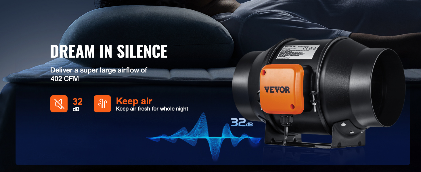VEVOR inline duct fan with 402 cfm airflow, 32 db noise level. keep air fresh as you sleep soundly.