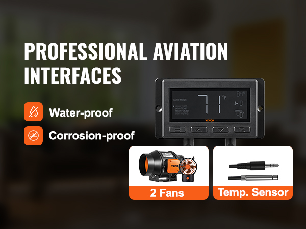 VEVOR inline duct fan display with waterproof and corrosion-proof features, including 2 fans and temp sensor.