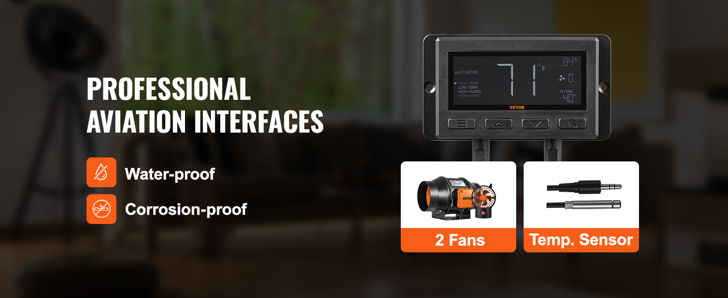 VEVOR inline duct fan display with waterproof and corrosion-proof features, including 2 fans and temp sensor.