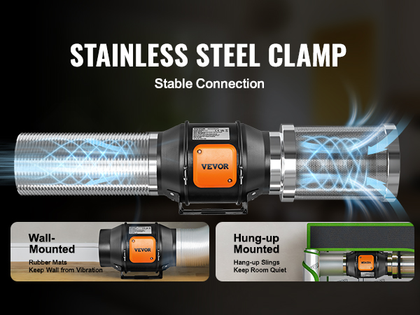 VEVOR inline duct fan with stainless steel clamp for wall-mounted and hung-up installations.