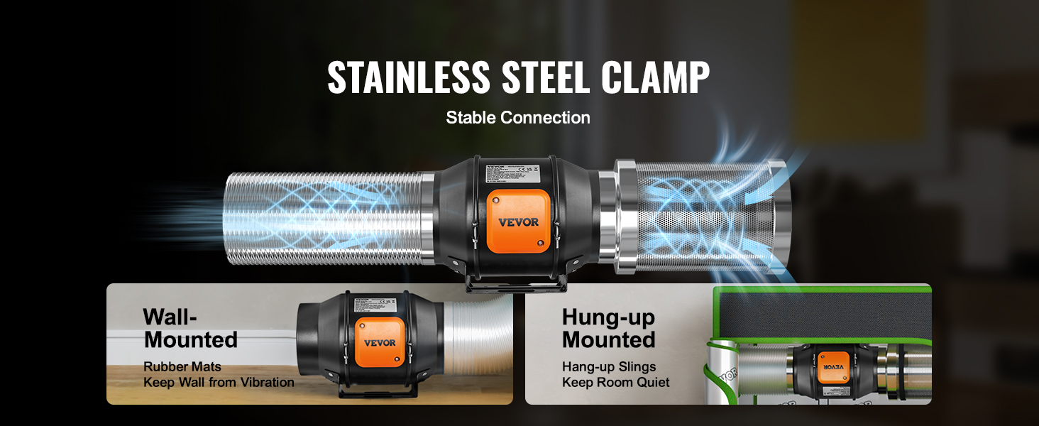 VEVOR inline duct fan with stainless steel clamp for wall-mounted and hung-up installations.
