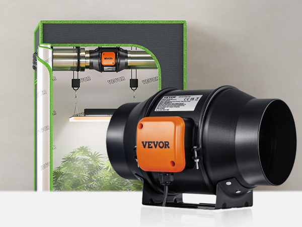 VEVOR inline duct fan setup in grow tent with led light and plants, beside a comfortable sofa.