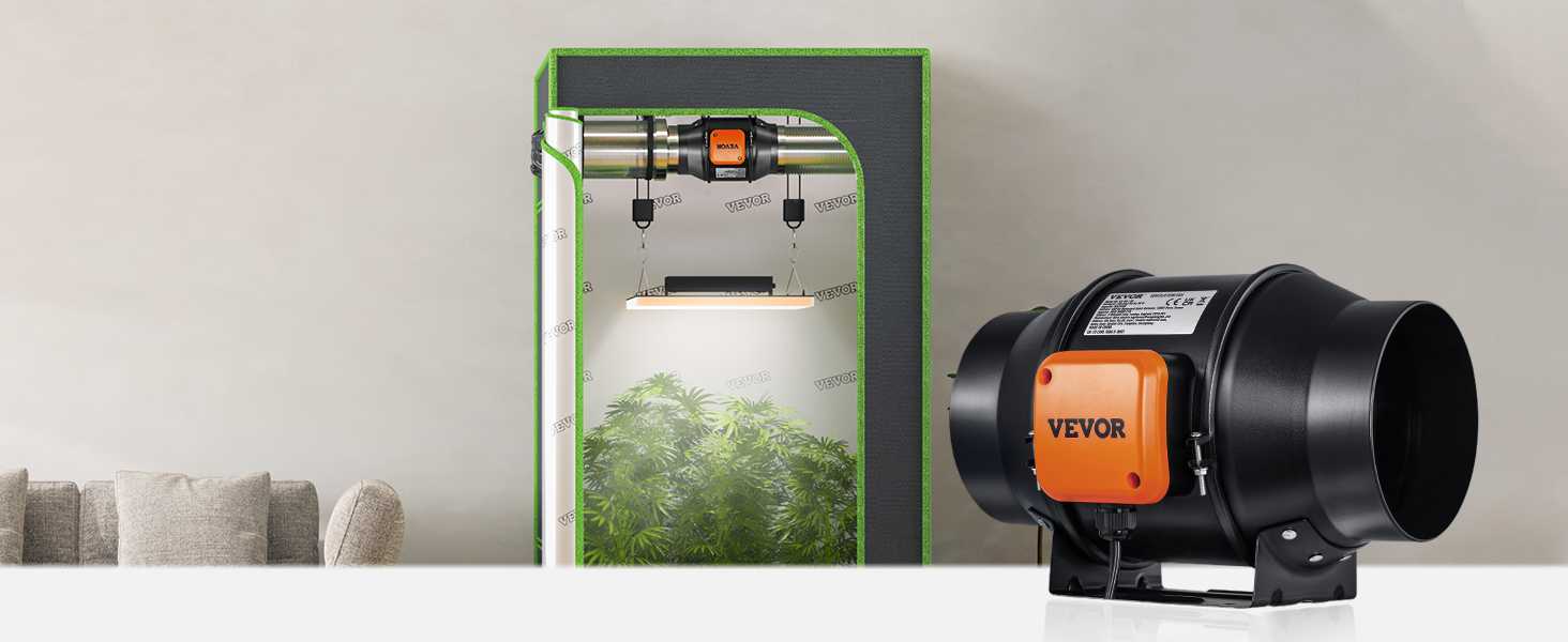 VEVOR inline duct fan setup in grow tent with led light and plants, beside a comfortable sofa.