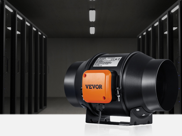 VEVOR inline duct fan in a server room with black racks and blue indicator lights.