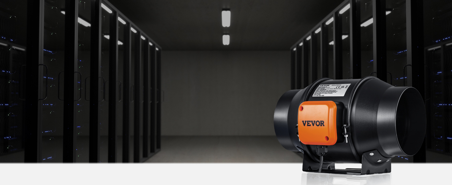VEVOR inline duct fan in a server room with black racks and blue indicator lights.