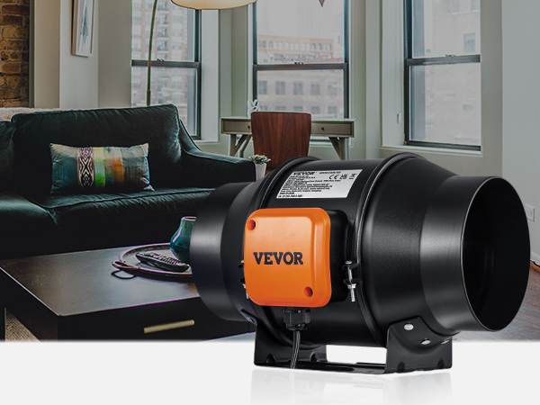 modern living room with dark green sofa, coffee table, and VEVOR inline duct fan in the foreground.