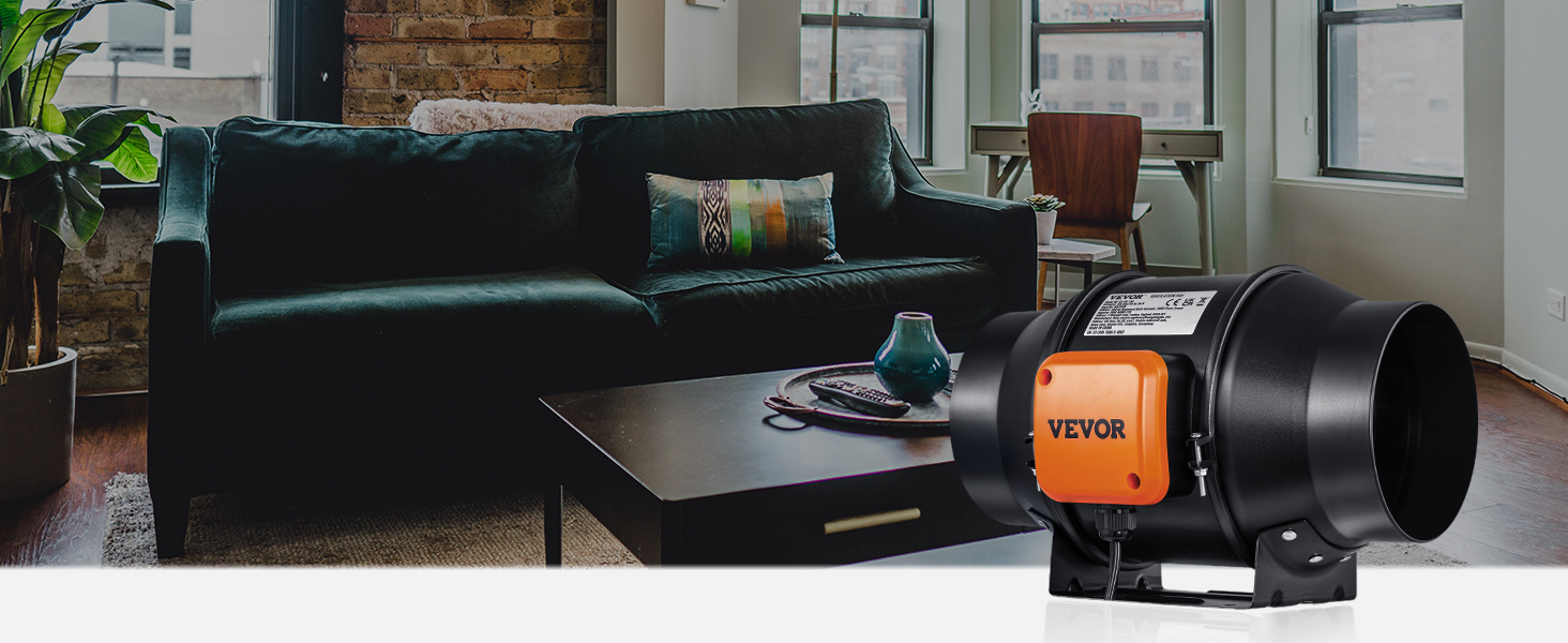 modern living room with dark green sofa, coffee table, and VEVOR inline duct fan in the foreground.