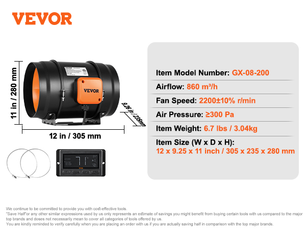VEVOR inline duct fan gx-08-200 with 807 cfm airflow, 3000 rpm speed, and 350 pa pressure.