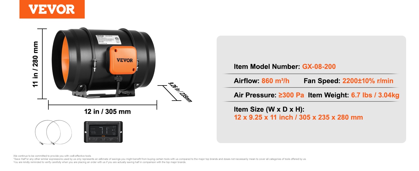 VEVOR inline duct fan gx-08-200 with 807 cfm airflow, 3000 rpm speed, and 350 pa pressure.