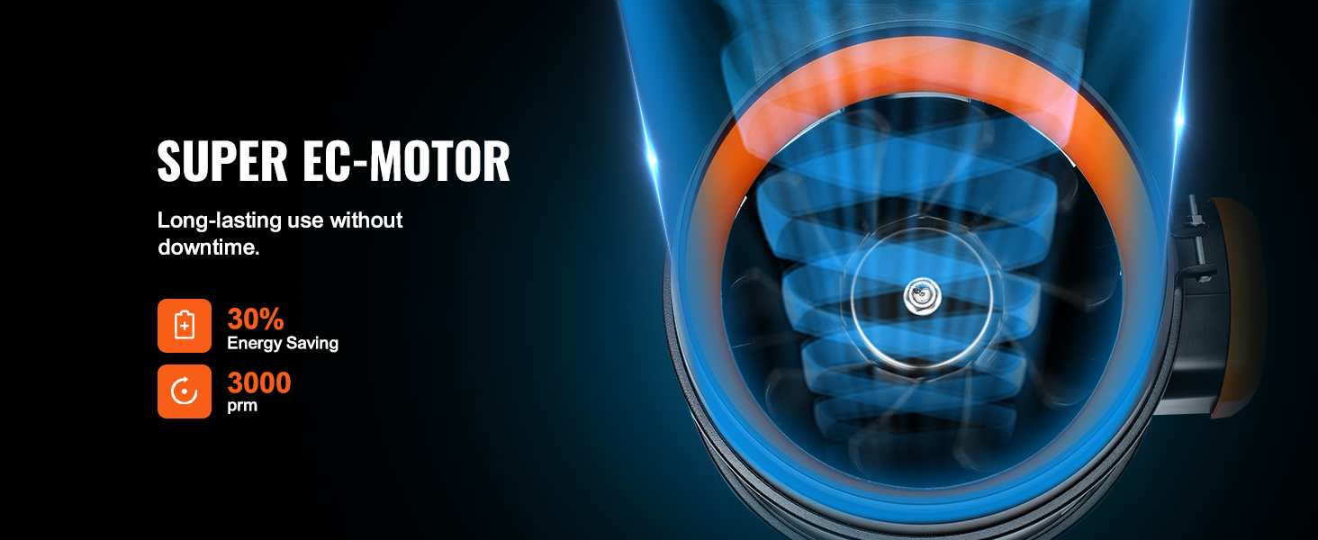 super ec-motor VEVOR inline duct fan, 3000rpm, 30% energy saving, long-lasting use without downtime.