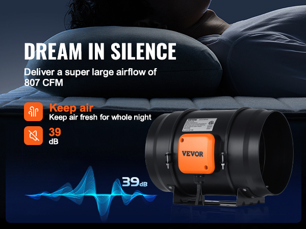 VEVOR inline duct fan promoting quiet operation at 39 db and strong airflow, enhancing sleep quality.