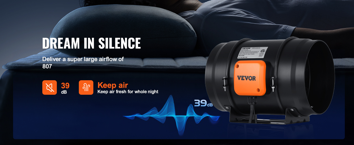 VEVOR inline duct fan promoting quiet operation at 39 db and strong airflow, enhancing sleep quality.