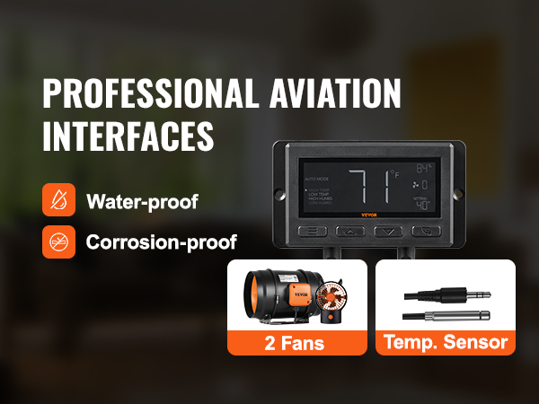 VEVOR inline duct fan with waterproof, corrosion-proof design, 2 fans, and temperature sensor.