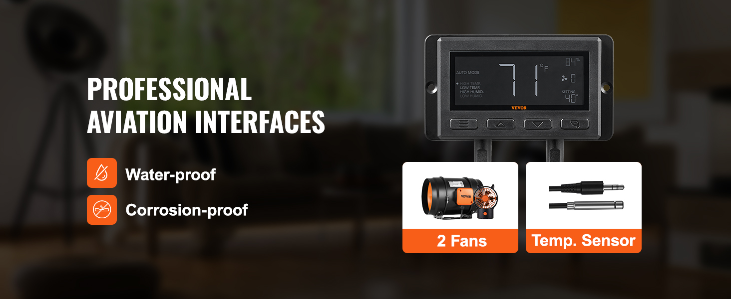 VEVOR inline duct fan with waterproof, corrosion-proof design, 2 fans, and temperature sensor.