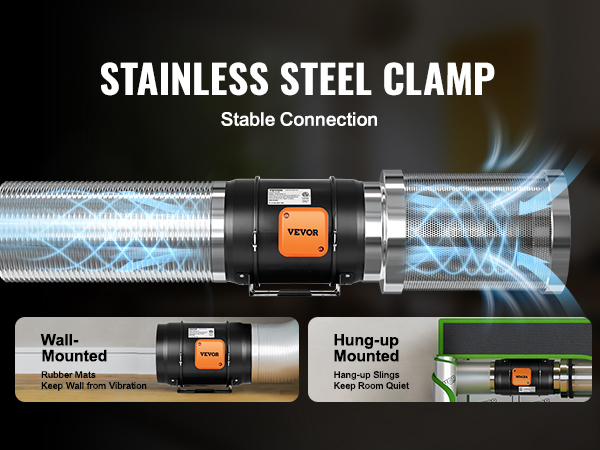 VEVOR inline duct fan with stainless steel clamp, shown in wall-mounted and hung-up mounted configurations.