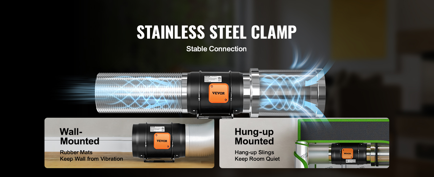 VEVOR inline duct fan with stainless steel clamp, shown in wall-mounted and hung-up mounted configurations.