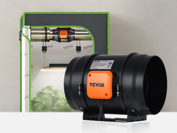 VEVOR inline duct fan in use with a grow tent and ventilation system showcasing plant growth.