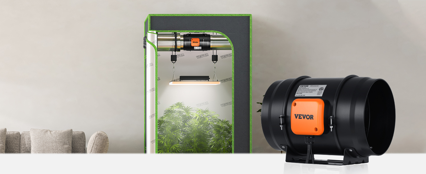 VEVOR inline duct fan in use with a grow tent and ventilation system showcasing plant growth.