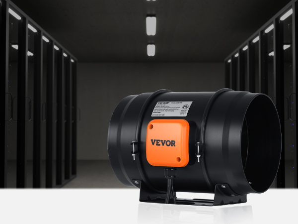 VEVOR inline duct fan placed in a dark server room with illuminated server racks in the background.
