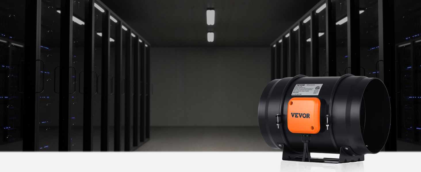 VEVOR inline duct fan placed in a dark server room with illuminated server racks in the background.