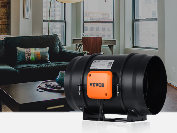 VEVOR inline duct fan in a modern living room with a green sofa, coffee table, and large windows.