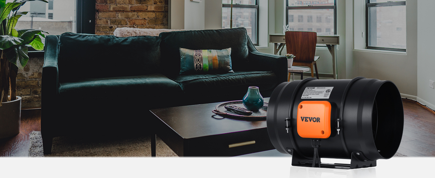 VEVOR inline duct fan in a modern living room with a green sofa, coffee table, and large windows.