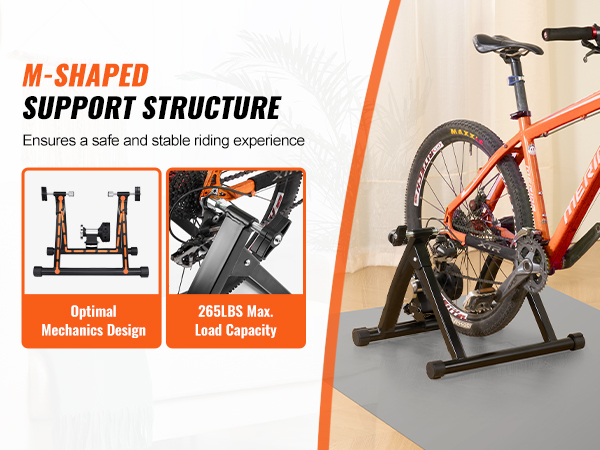 VEVOR bike trainer stand with m-shaped support, ensuring stability and safety, max load 265 lbs.