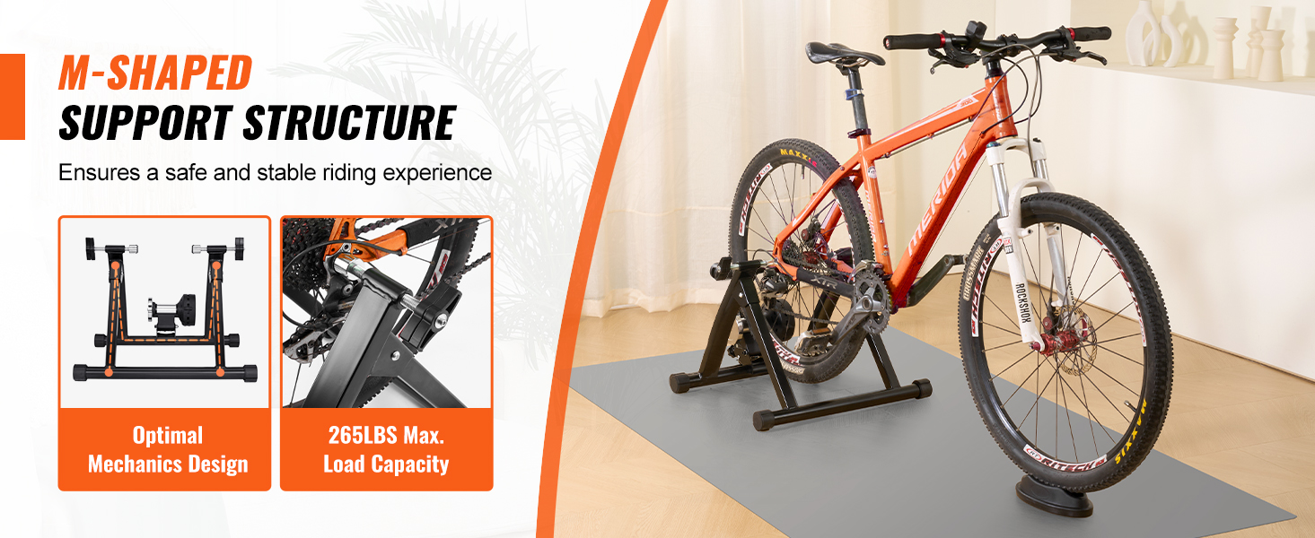 VEVOR bike trainer stand with m-shaped support, ensuring stability and safety, max load 265 lbs.