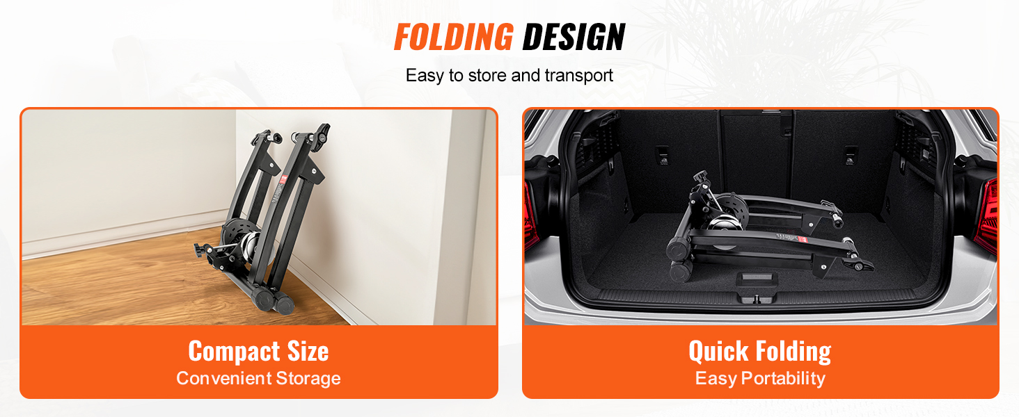 VEVOR bike trainer stand folded for storing at home and in a car trunk, highlighting compact size portability.