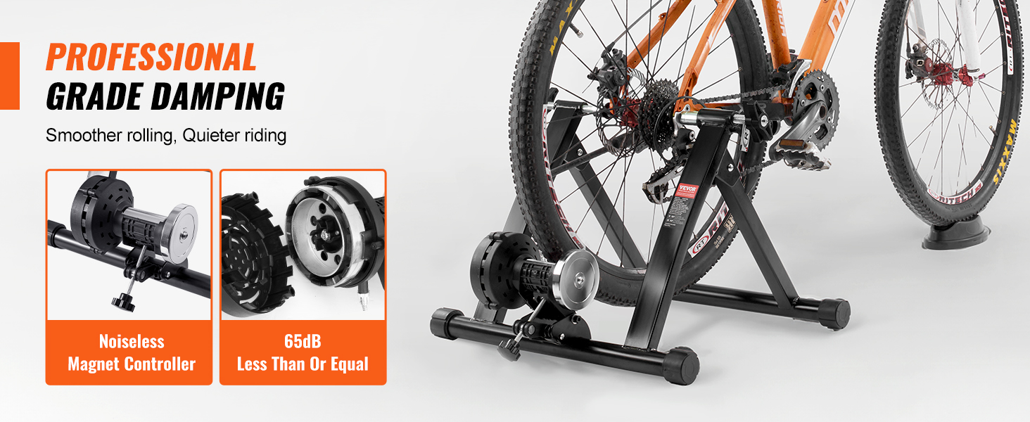 professional-grade damping for VEVOR bike trainer stand featuring noiseless magnet controller and 65db operation.