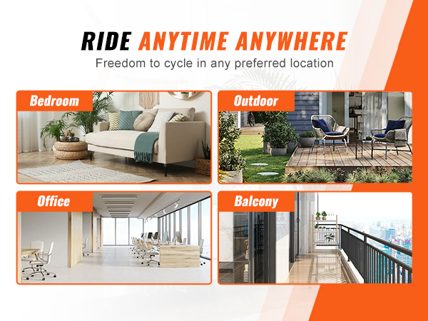 ride anytime with the VEVOR bike trainer stand, shown in bedrooms, offices, outdoors, and balconies.