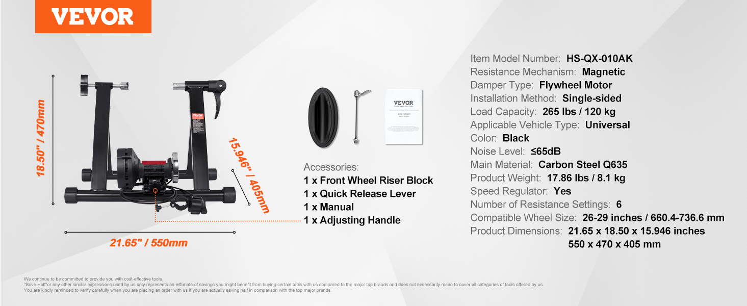VEVOR bike trainer stand with magnetic resistance, flywheel motor, accessories, and dimensions.