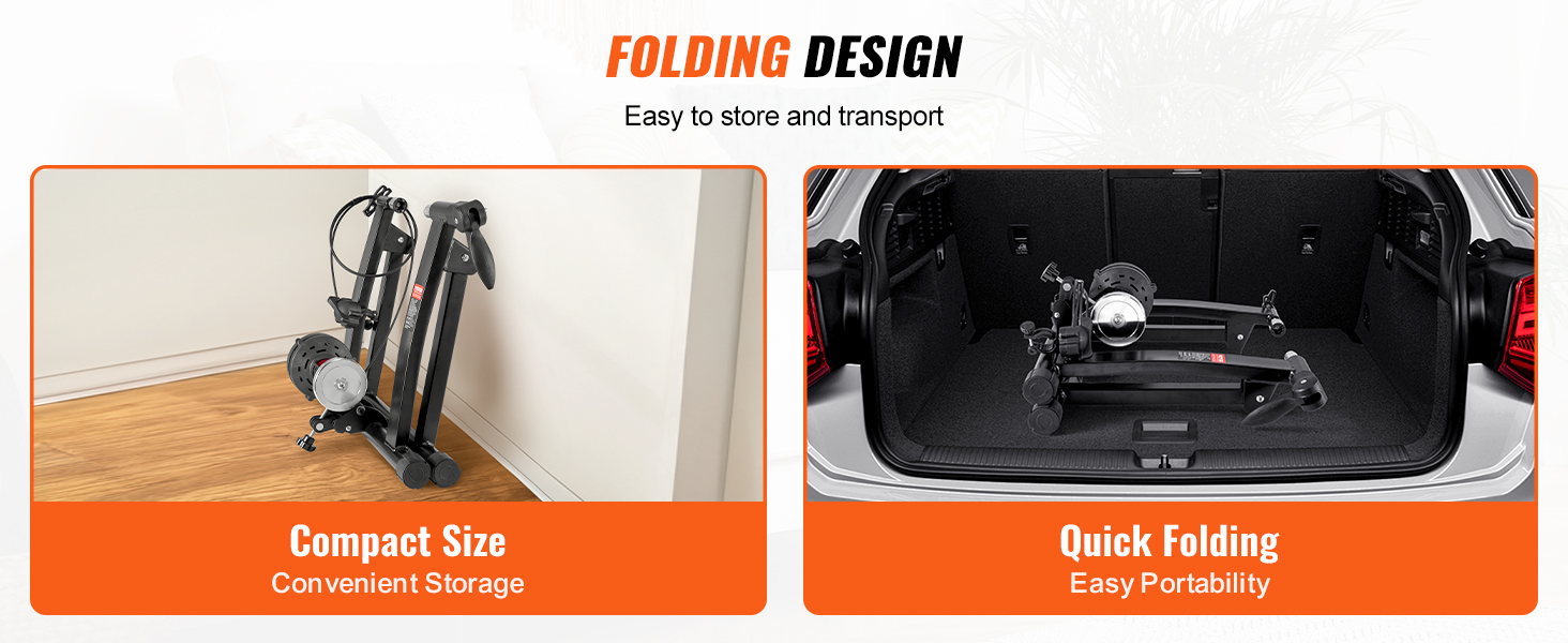 VEVOR bike trainer stand with folding design for easy storage and transport, shown in trunk and indoors.