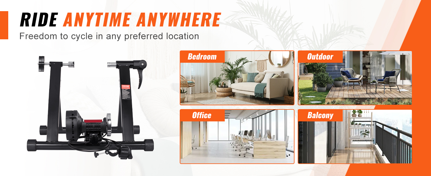 VEVOR bike trainer stand for cycling in bedroom, office, balcony, and outdoor settings. ride anytime.