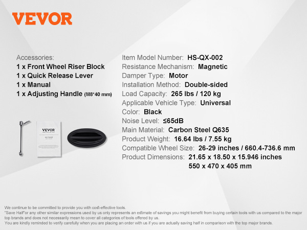 VEVOR bike trainer stand, dimensions 21.65 x 18.50 x 15.946 inches, accessories included, magnetic resistance.