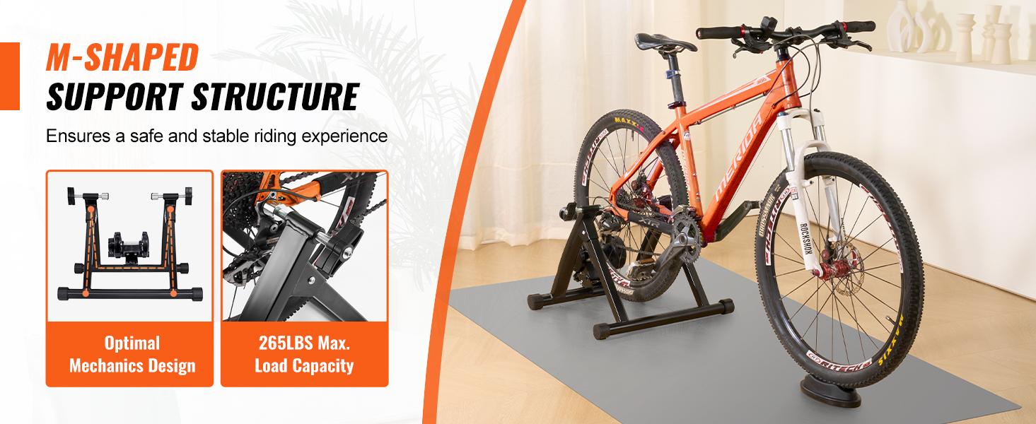 m-shaped VEVOR bike trainer stand with orange bike, 265 lbs load capacity, optimal mechanics design.