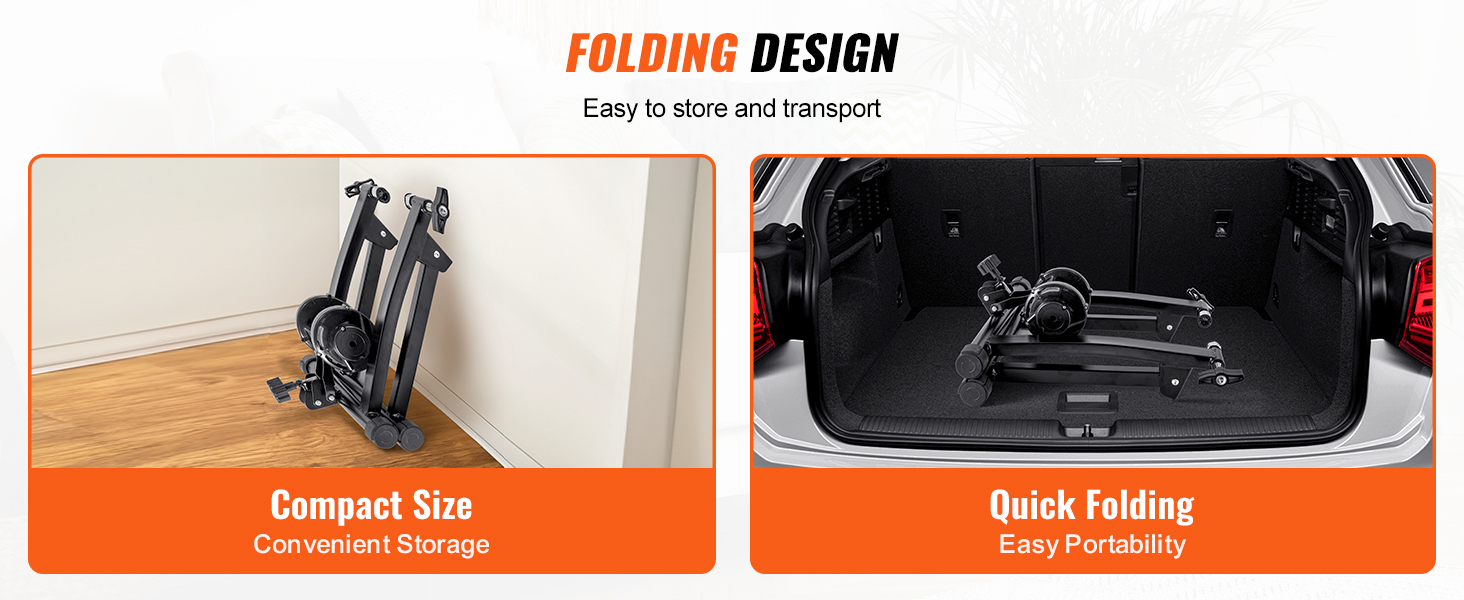 VEVOR bike trainer stand folded for easy storage and transport; compact size and quick folding for portability.
