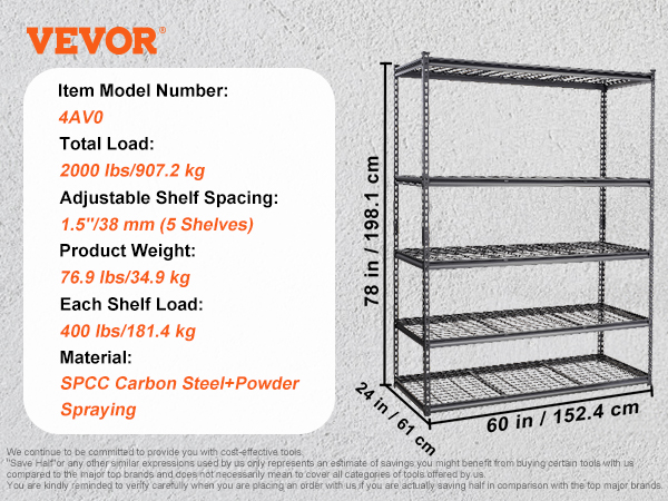 VEVOR storage shelving unit with adjustable 5 shelves, 400 lbs load per shelf, spcc carbon steel.