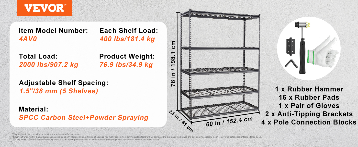 VEVOR storage shelving unit with adjustable 5 shelves, 400 lbs load per shelf, spcc carbon steel.