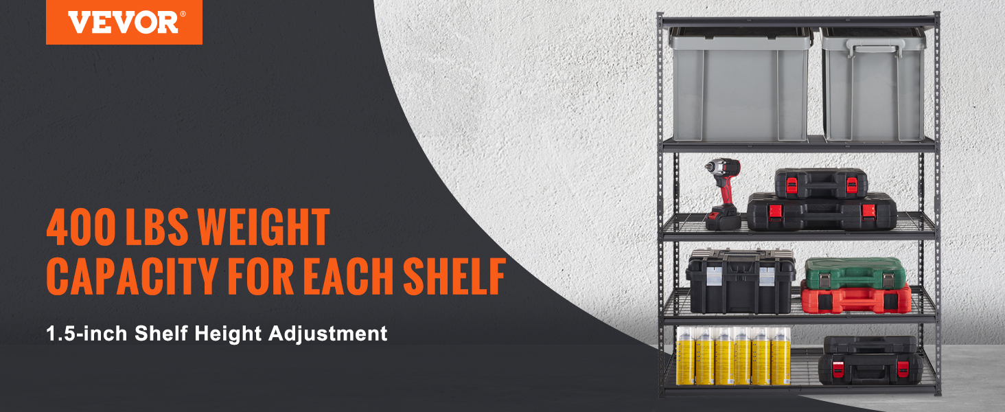 VEVOR storage shelving unit with plastic bins, tools, and various items, showcasing 400 lbs capacity per shelf.