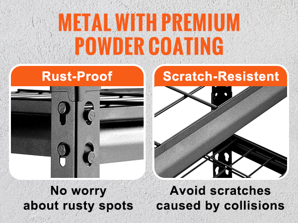 VEVOR storage shelving unit with rust-proof and scratch-resistant metal, premium powder coating.
