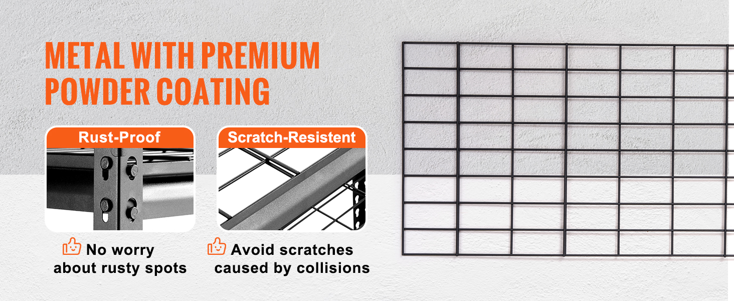 VEVOR storage shelving unit with rust-proof and scratch-resistant metal, premium powder coating.