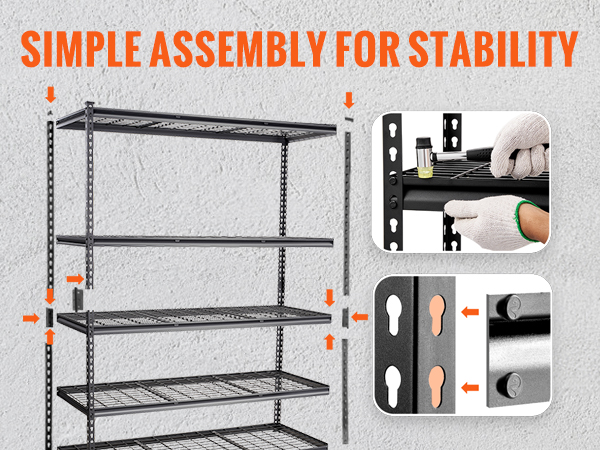 VEVOR storage shelving unit with simple assembly, no need to drill or tighten bolts.