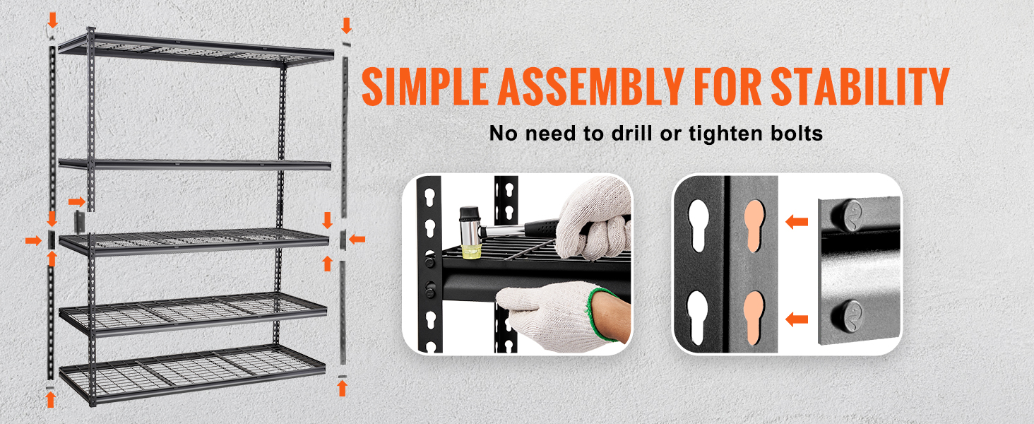 VEVOR storage shelving unit with simple assembly, no need to drill or tighten bolts.