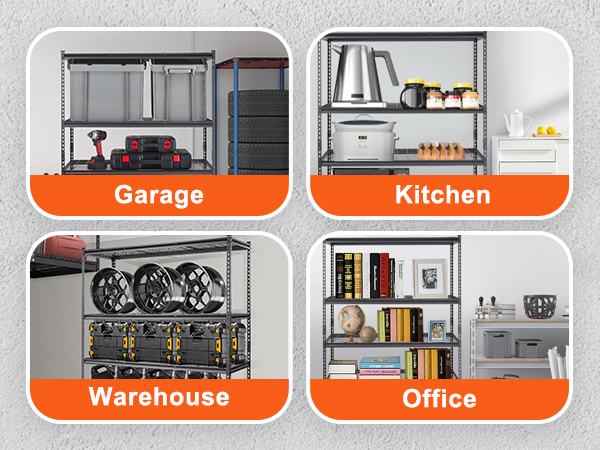 VEVOR storage shelving unit in garage, kitchen, warehouse, and office settings.